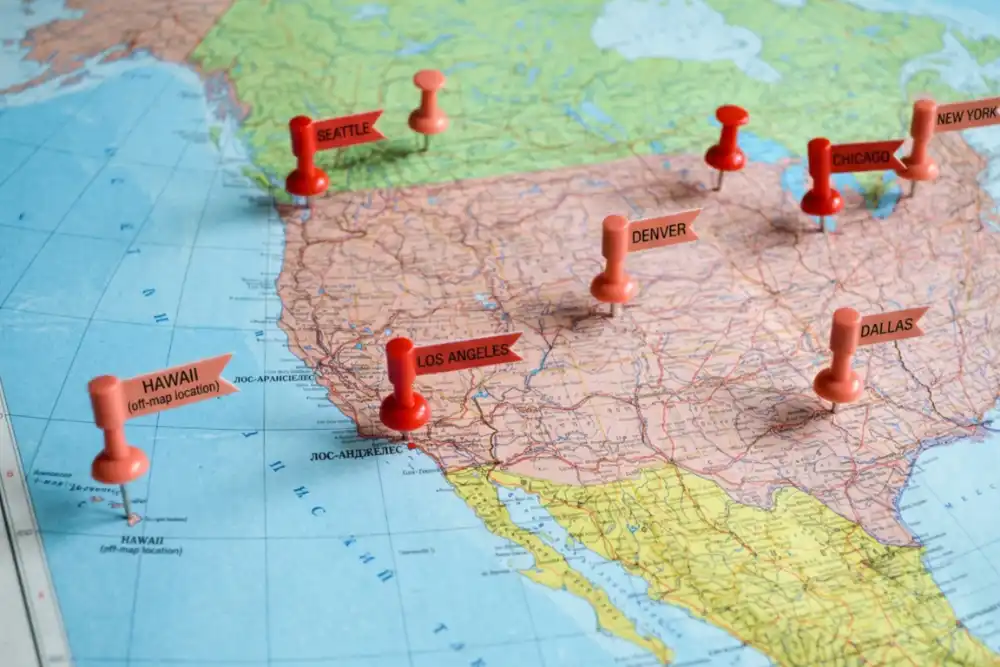 A U.S. map with pin locations