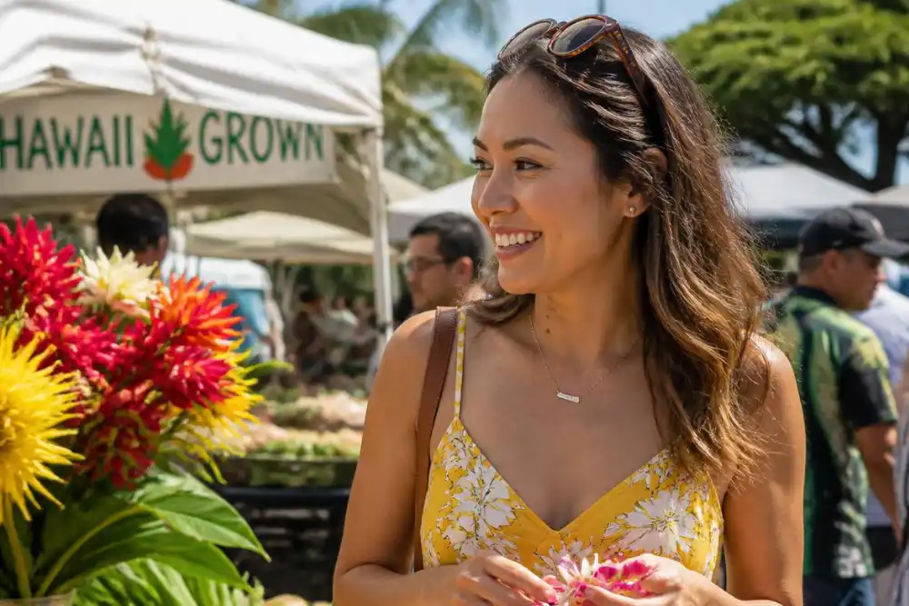 A woman walking at a farmers market on Oahu