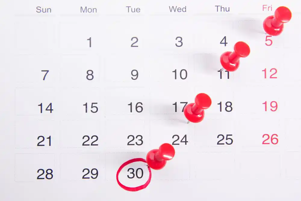 a calendar with pins on dates
